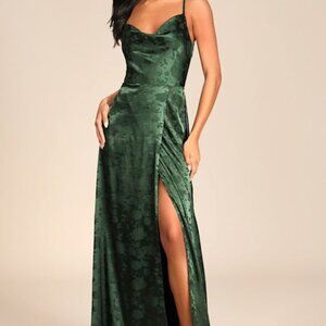 Lulus Simply Dreamy Emerald Green Satin Floral Jacquard Maxi Dress - Size M